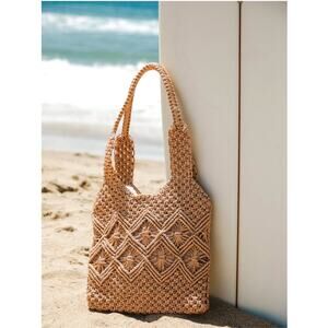 Lulus Women’s Sunny Glitter Gold Woven Crochet Linen Shoulder Tote Bag Zip NEW